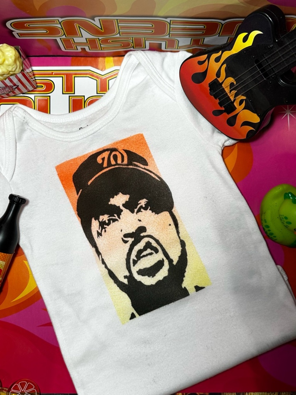 ⚡️White Graphic Baby Onesie Orange-Yellow Rapper Portrait IceCube Westside 24M